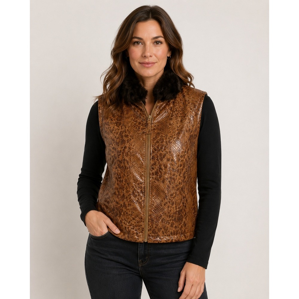 Chico's Snake Charmer Brinkley Ranch‎ Vest Womens 2 L Brown Pockets Reversible